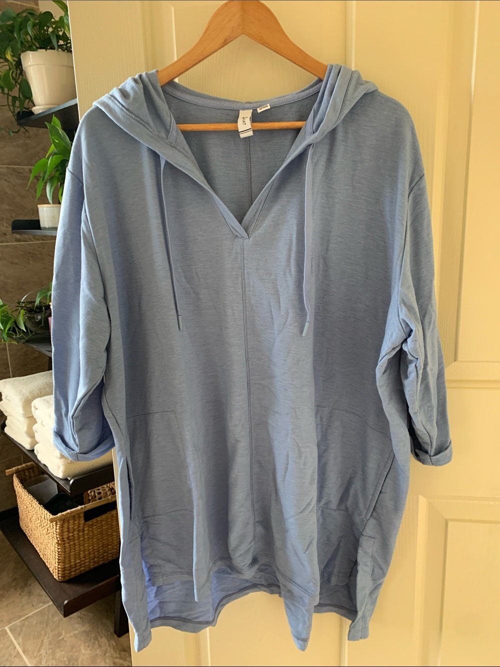 Susan Graver Soft Blue Hooded V-Neck Tunic with Pockets